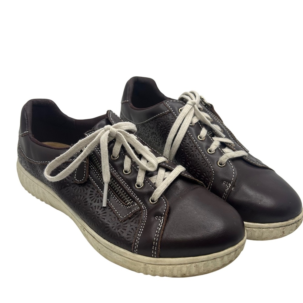 Clarks Collection Brown Leather Laser Cut Floral Zipper Sneakers Womens Shoes